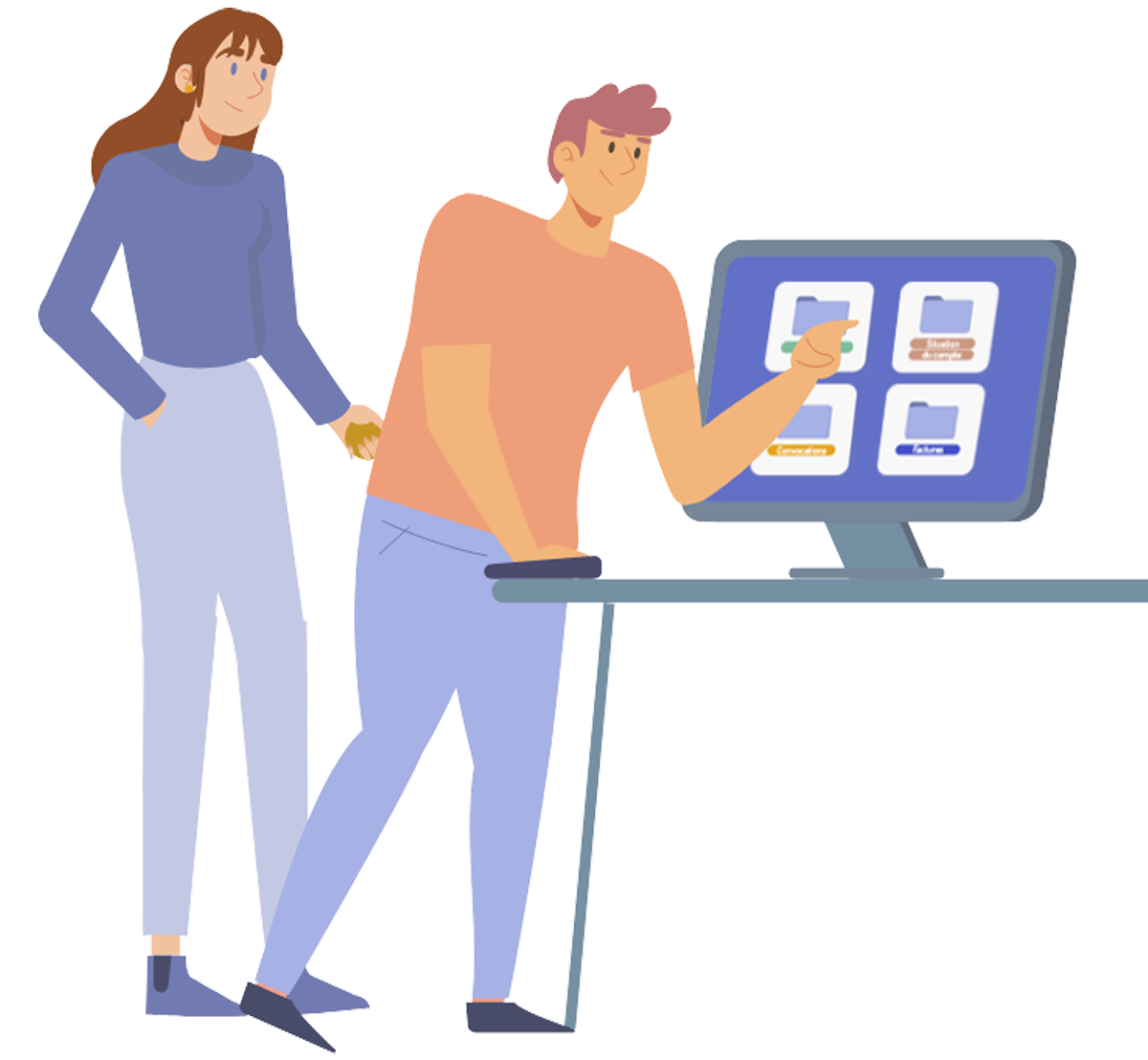 Illustration colorée représentant un homme et une femme devant un ordinateur.