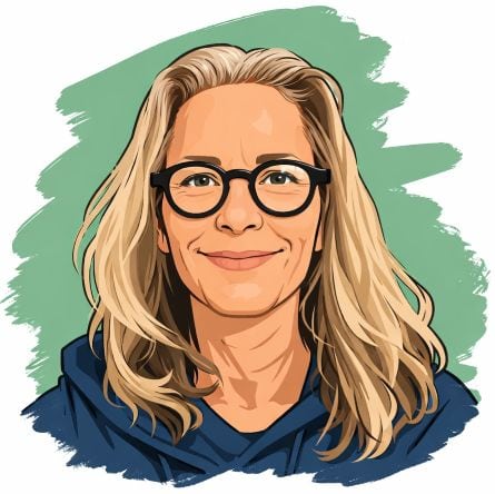 Portrait illustré d'une femme souriante avec lunettes, représentant le service de gestion immobilièr.