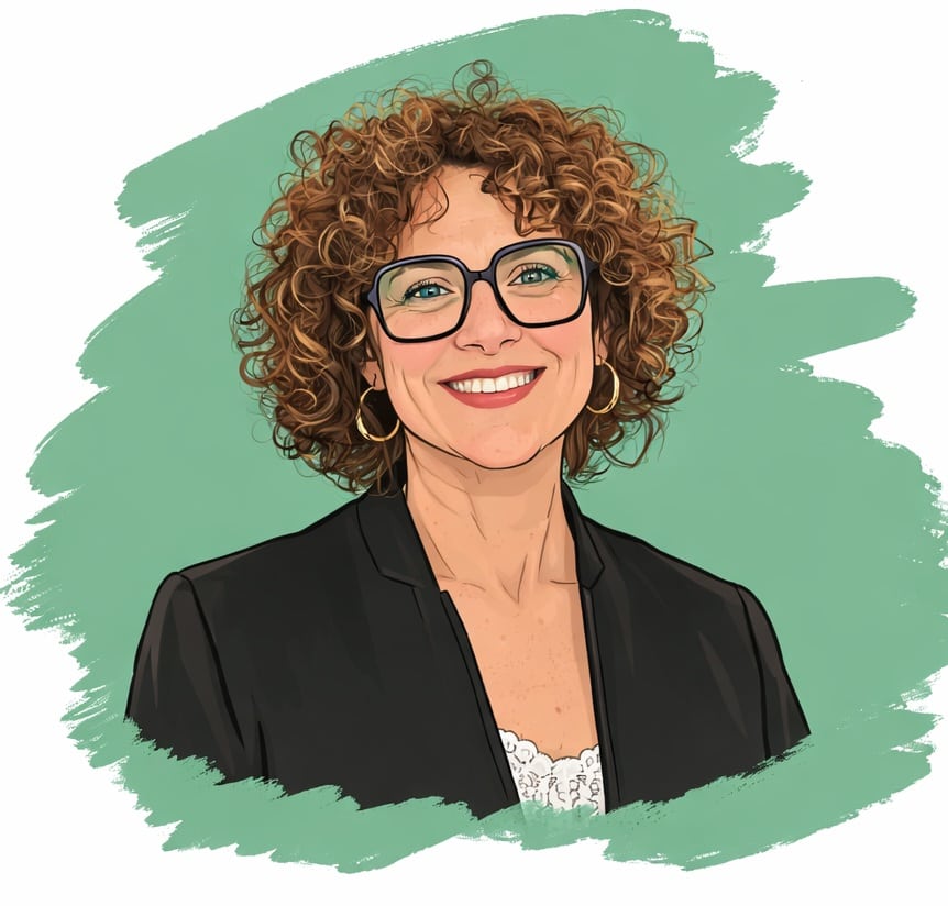 Consultante en gestion immobilière souriante avec lunettes et cheveux bouclés, représentant l'équipe.