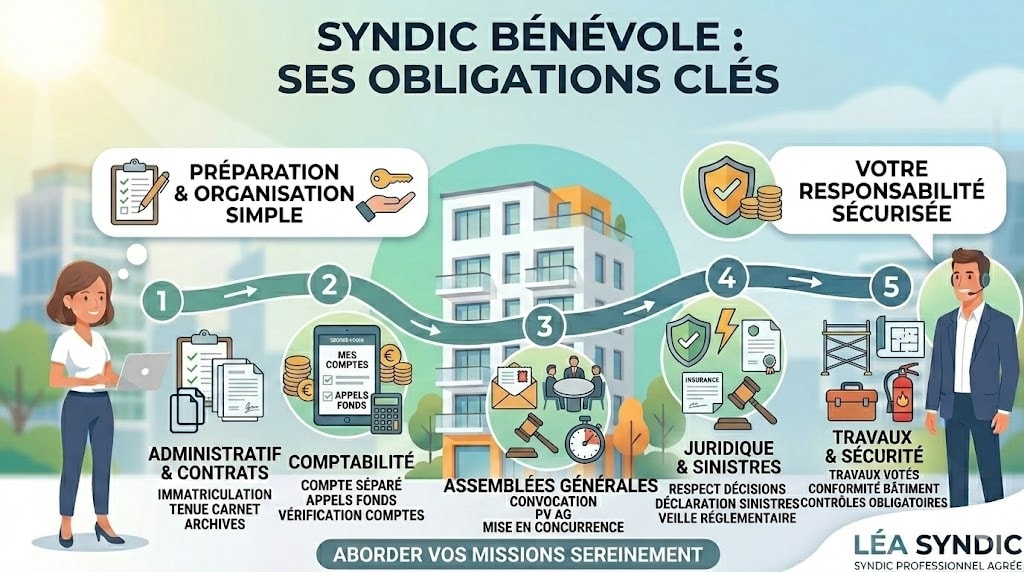 Obligations du syndic bénévole Prise de vue d'une infographie sur les responsabilités clés d'un syndic bénévole.