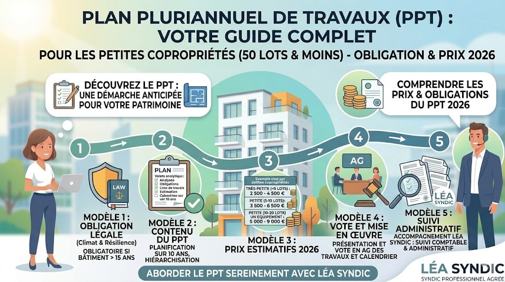 Plan pluriannuel de travaux (PPT) en petite copropriété Prise de vue d'une infographie sur le plan pluriannuel de travaux pour copropriétés.