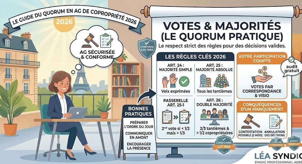 quorum ag copropriété Guide du quorum en copropriété 2026 avec Léa Syndic, règles et bonnes pratiques.