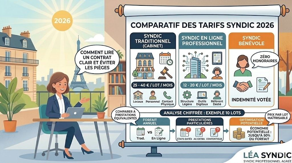 Tarif syndic en ligne 2026 : économies réelles et comparaison chiffrée