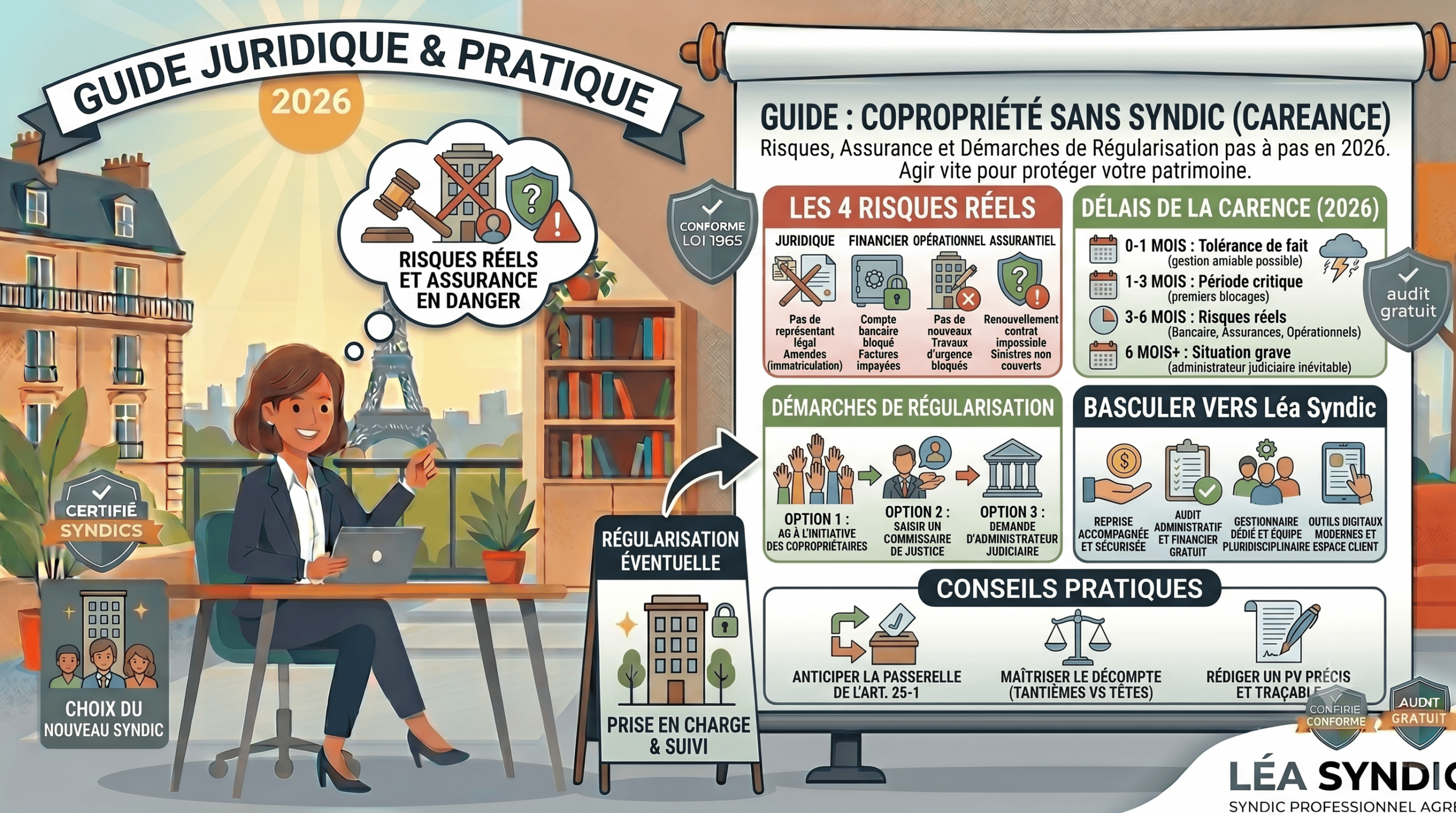 Guide juridique et pratique de la copropriété 2026 Infographie sur la copropriété sans syndic avec conseils et échéances.