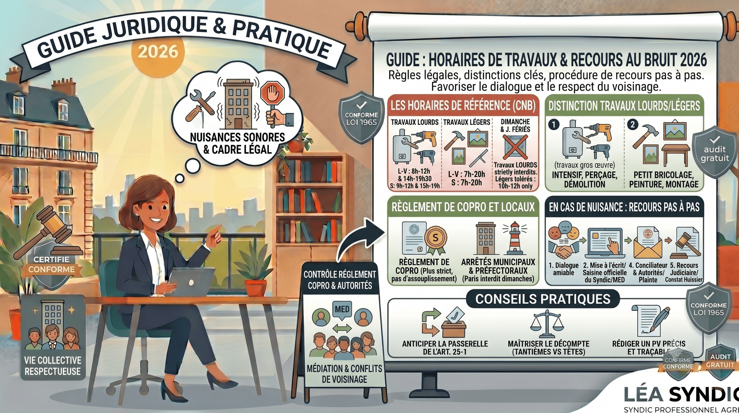 Guide juridique et pratique 2026 Guide juridique 2026 pour syndic, nuissances sonores, recouvrements.