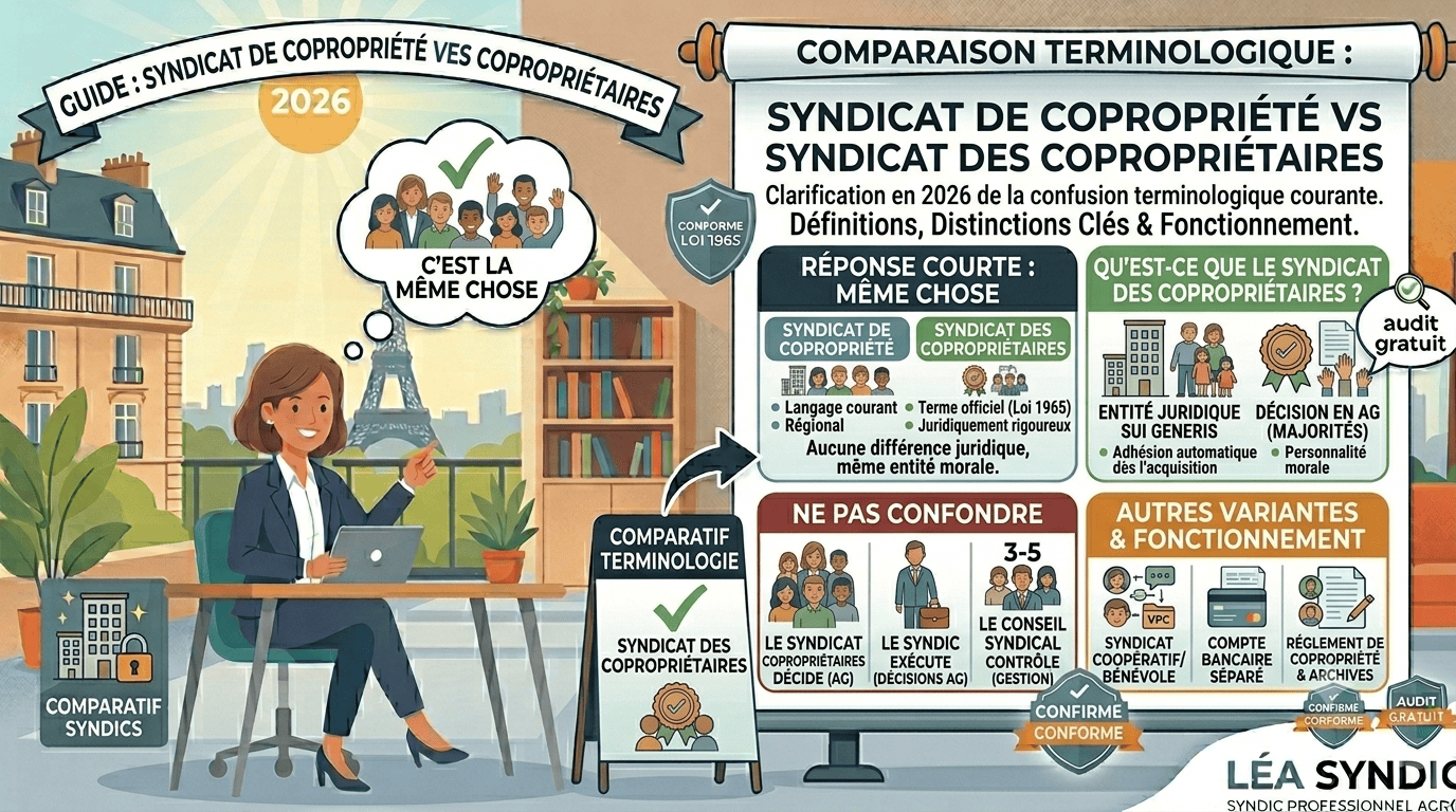 Comparaison syndicat de copropriété 2026 Infographie sur la comparaison entre syndic de copropriété et syndic des copropriétaires.